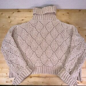 Boho Chenille Knit Turtleneck Sweater‎ POL Beige Textured Cozy Pullover L